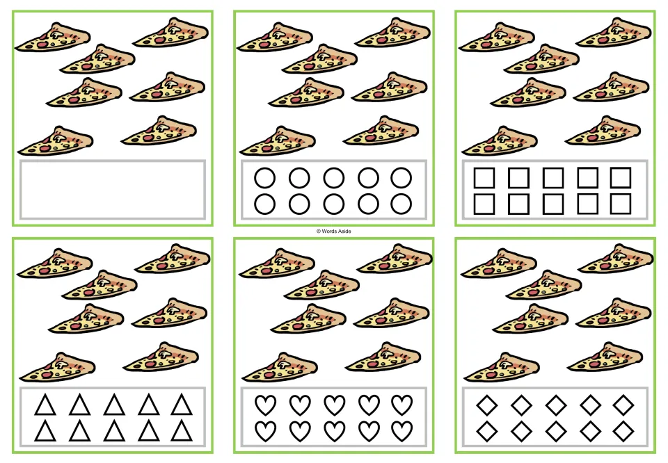Six counting cards show 7 pizza slices each; five versions have shapes to color and one has a blank response.