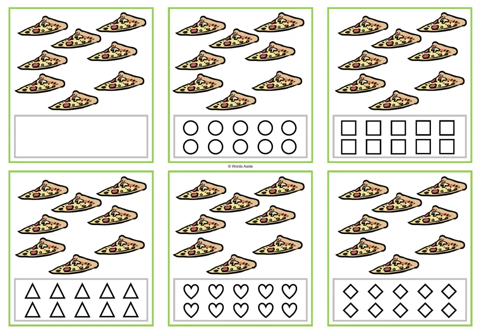 Six counting cards show 8 pizza slices each; five versions have shapes to color and one has a blank response.