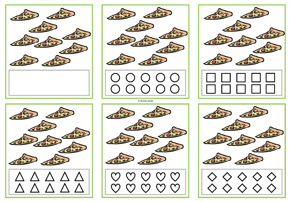 Six counting cards show 9 pizza slices each; five versions have shapes to color and one has a blank response.