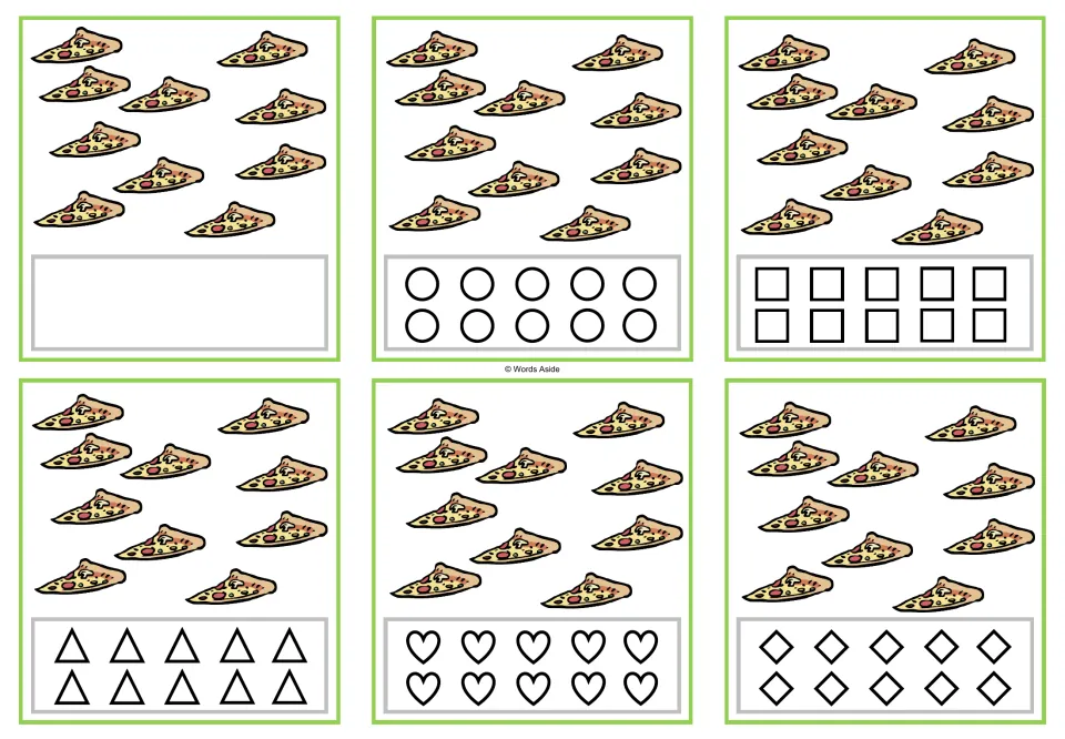 Six counting cards show 10 pizza slices each; five versions have shapes to color and one has a blank response.