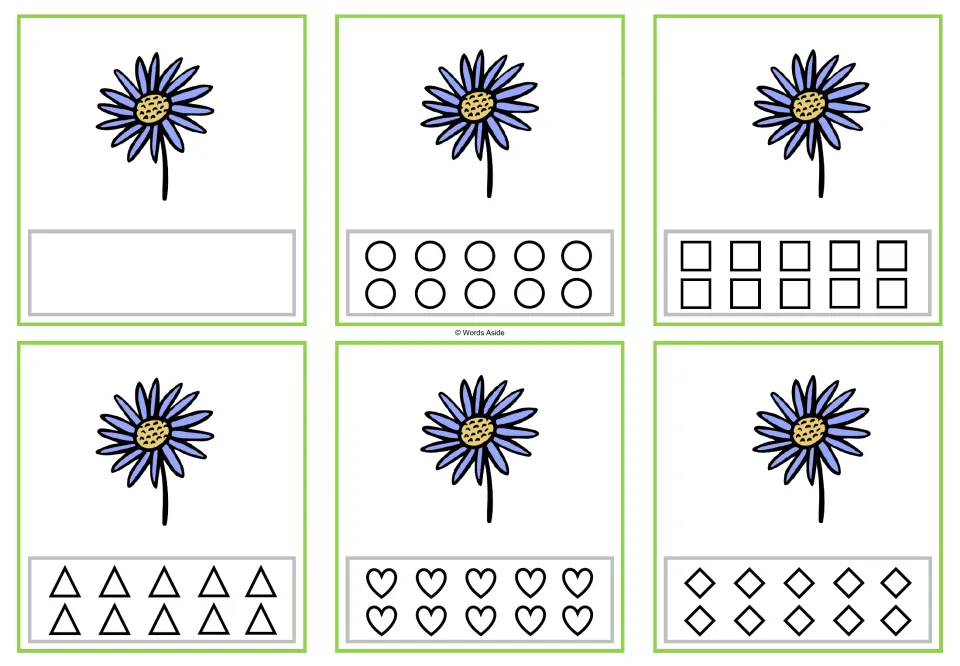Six counting cards showing one flower each, in blank, circle, square, triangle, heart, and rhombus versions.
