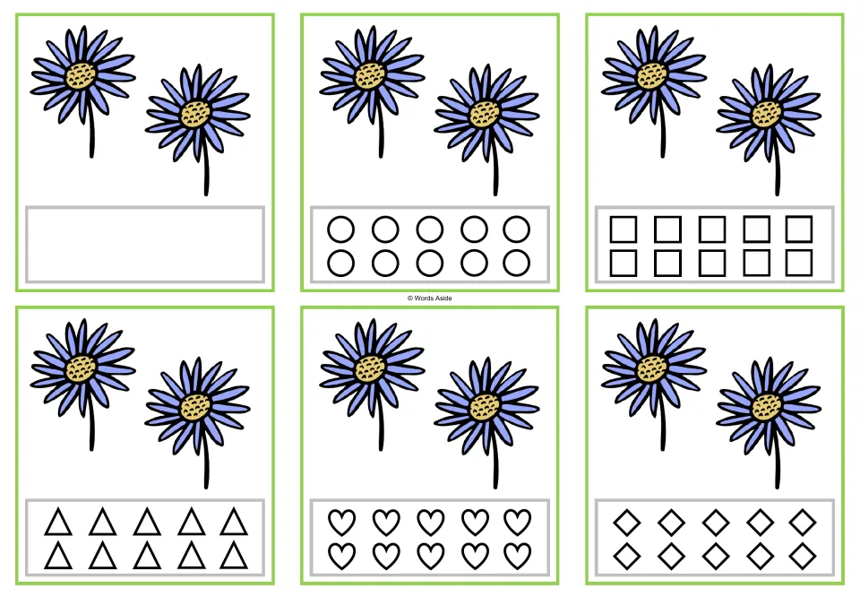 Six counting cards showing two flowers each, in blank, circle, square, triangle, heart, and rhombus versions.
