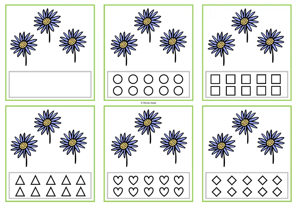 Six counting cards showing three flowers each, in blank, circle, square, triangle, heart, and rhombus versions.