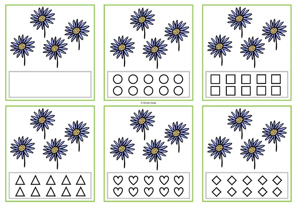 Six counting cards showing four flowers each, in blank, circle, square, triangle, heart, and rhombus versions.