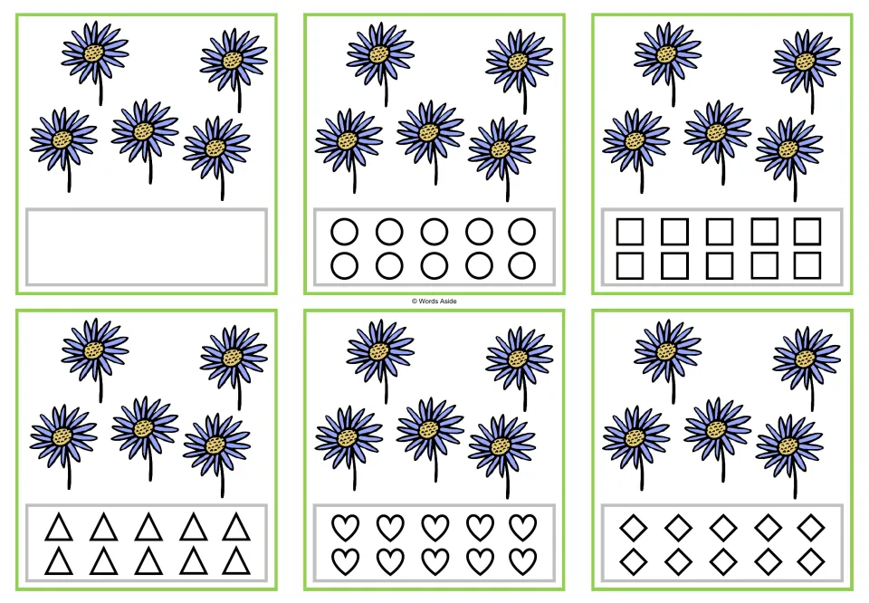Six counting cards showing five flowers each, in blank, circle, square, triangle, heart, and rhombus versions.
