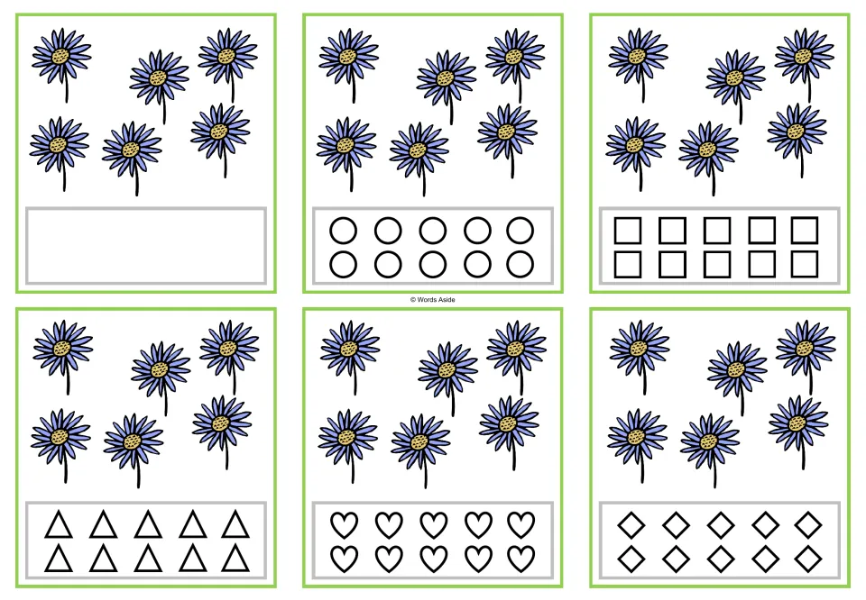 Six counting cards showing six flowers each, in blank, circle, square, triangle, heart, and rhombus versions.