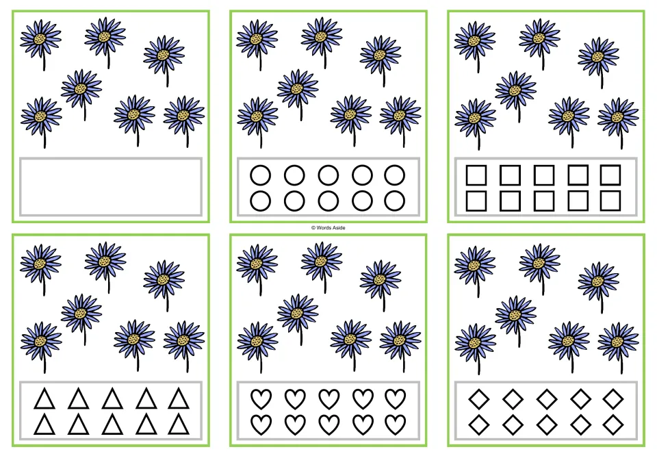 Six counting cards showing seven flowers each, in blank, circle, square, triangle, heart, and rhombus versions.