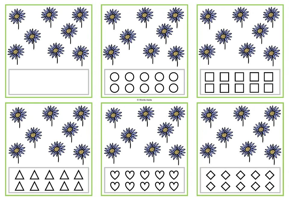 Six counting cards showing eight flowers each, in blank, circle, square, triangle, heart, and rhombus versions.