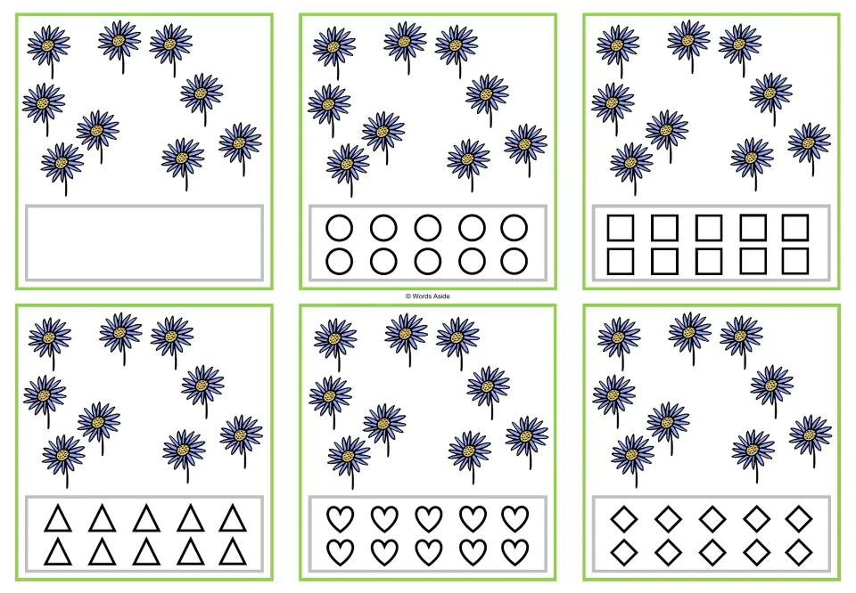 Six counting cards showing nine flowers each, in blank, circle, square, triangle, heart, and rhombus versions.