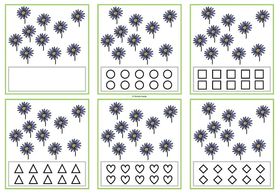 Six counting cards showing ten flowers each, in blank, circle, square, triangle, heart, and rhombus versions.