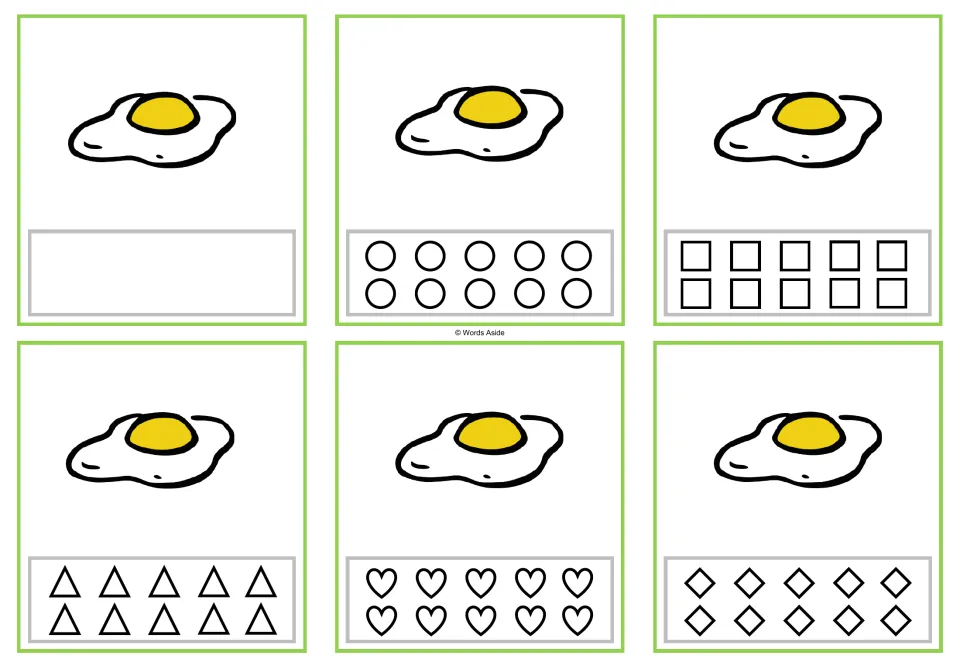 Six counting cards showing 1 fried egg, with a blank space or circles, squares, triangles, hearts, or rhombuses