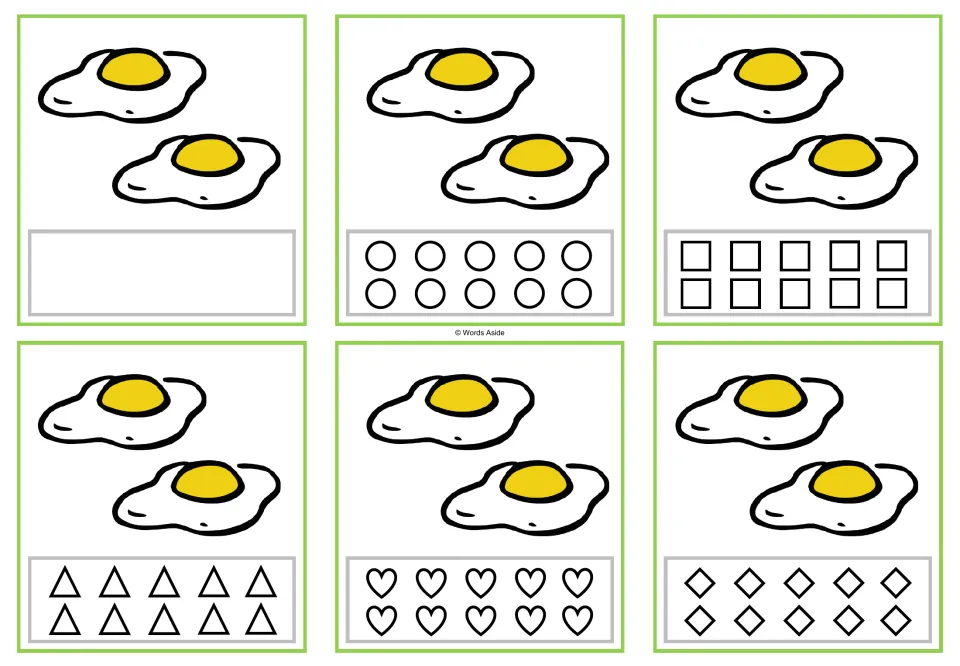 Six counting cards showing 2 fried eggs, with a blank space or circles, squares, triangles, hearts, or rhombuses