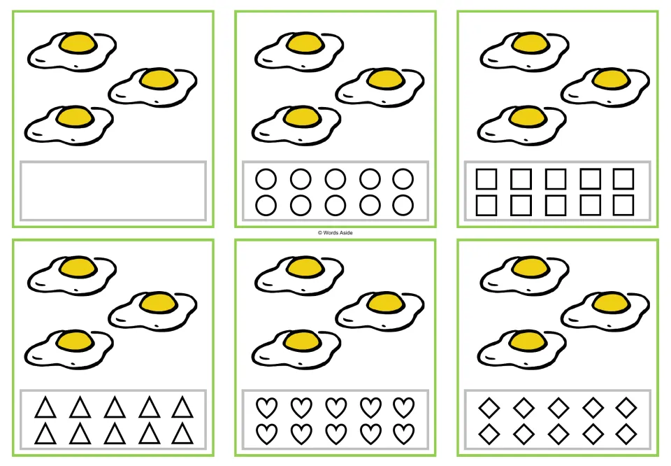 Six counting cards showing 3 fried eggs, with a blank space or circles, squares, triangles, hearts, or rhombuses