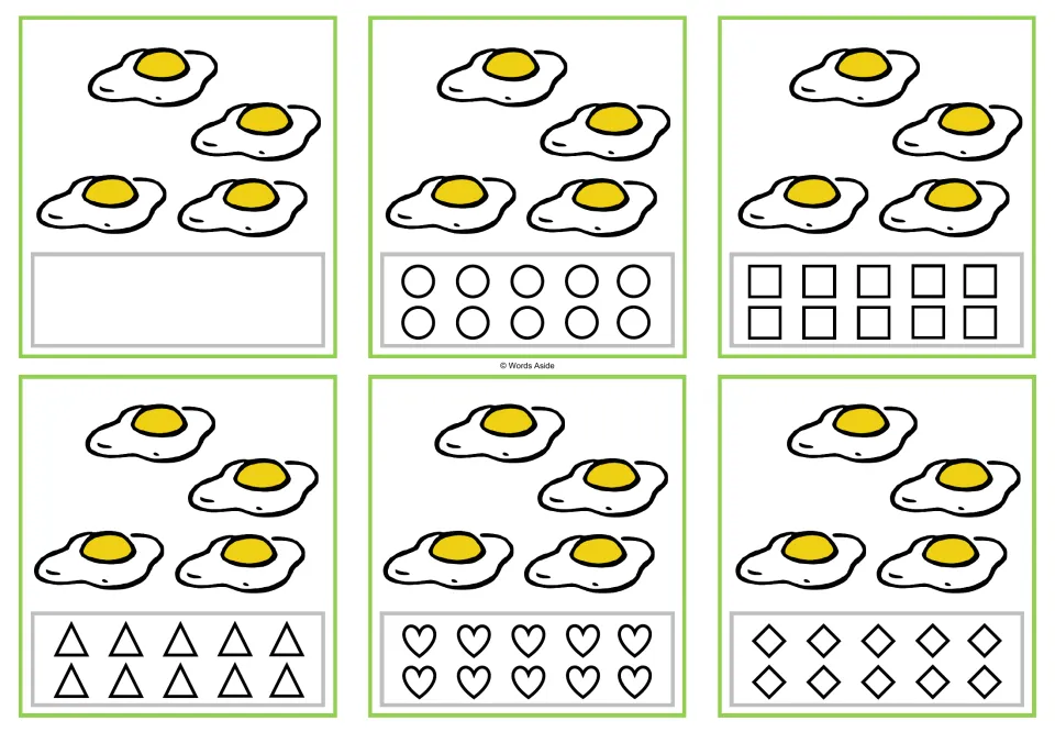 Six counting cards showing 4 fried eggs, with a blank space or circles, squares, triangles, hearts, or rhombuses
