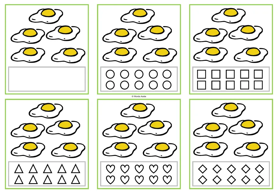 Six counting cards showing 5 fried eggs, with a blank space or circles, squares, triangles, hearts, or rhombuses