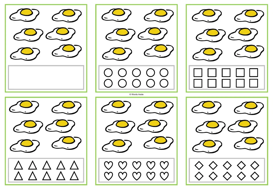 Six counting cards showing 6 fried eggs, with a blank space or circles, squares, triangles, hearts, or rhombuses