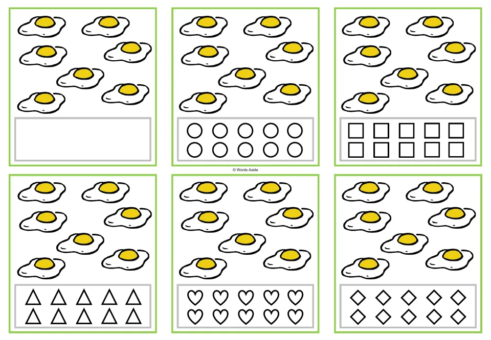 Six counting cards showing 7 fried eggs, with a blank space or circles, squares, triangles, hearts, or rhombuses