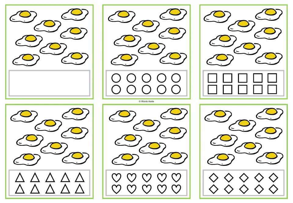 Six counting cards showing 8 fried eggs, with a blank space or circles, squares, triangles, hearts, or rhombuses