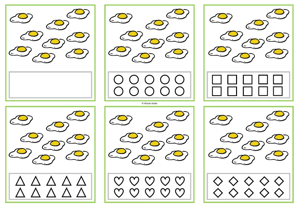 Six counting cards showing 9 fried eggs, with a blank space or circles, squares, triangles, hearts, or rhombuses