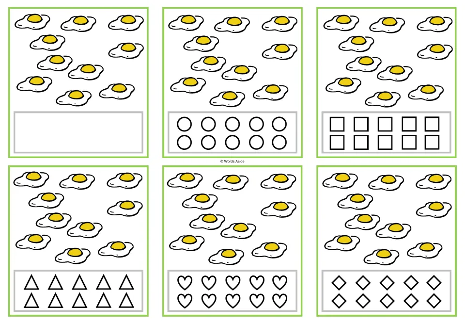 Six counting cards showing 10 fried eggs, with a blank space or circles, squares, triangles, hearts, or rhombuses