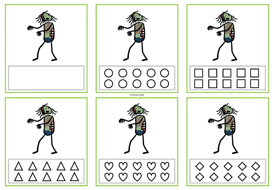 Six counting cards for 1 zombie, with a blank response area or circles, squares, triangles, hearts, or rhombuses.