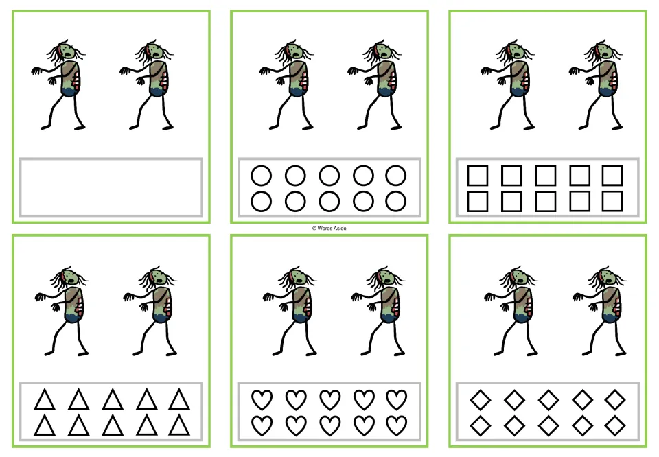 Six counting cards for 2 zombies, with a blank response area or circles, squares, triangles, hearts, or rhombuses.