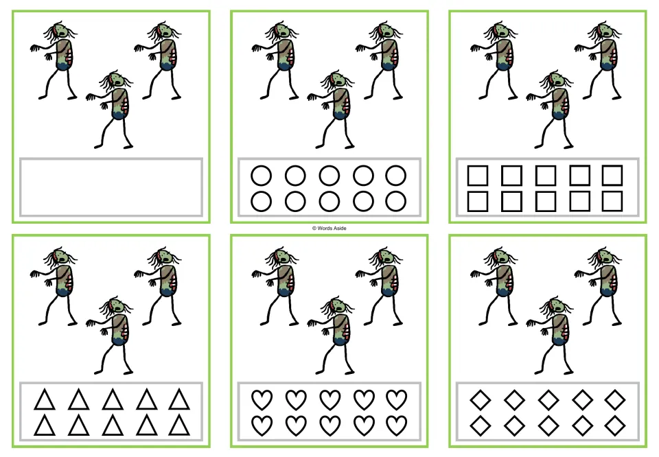 Six counting cards for 3 zombies, with a blank response area or circles, squares, triangles, hearts, or rhombuses.