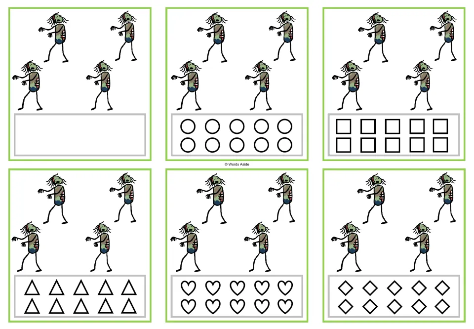 Six counting cards for 4 zombies, with a blank response area or circles, squares, triangles, hearts, or rhombuses.