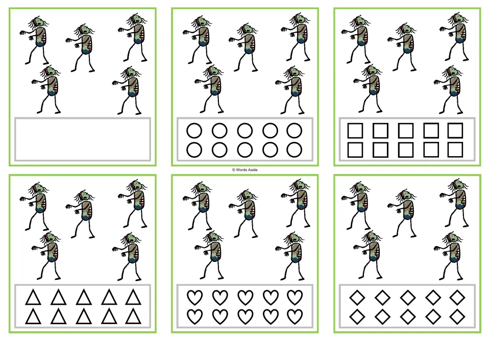 Six counting cards for 5 zombies, with a blank response area or circles, squares, triangles, hearts, or rhombuses.