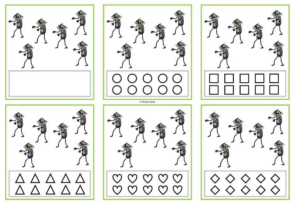 Six counting cards for 6 zombies, with a blank response area or circles, squares, triangles, hearts, or rhombuses.