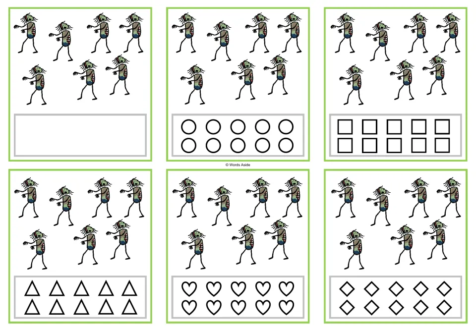 Six counting cards for 7 zombies, with a blank response area or circles, squares, triangles, hearts, or rhombuses.
