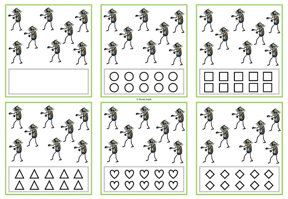 Six counting cards for 8 zombies, with a blank response area or circles, squares, triangles, hearts, or rhombuses.