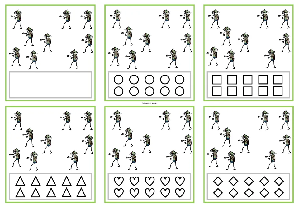 Six counting cards for 9 zombies, with a blank response area or circles, squares, triangles, hearts, or rhombuses.