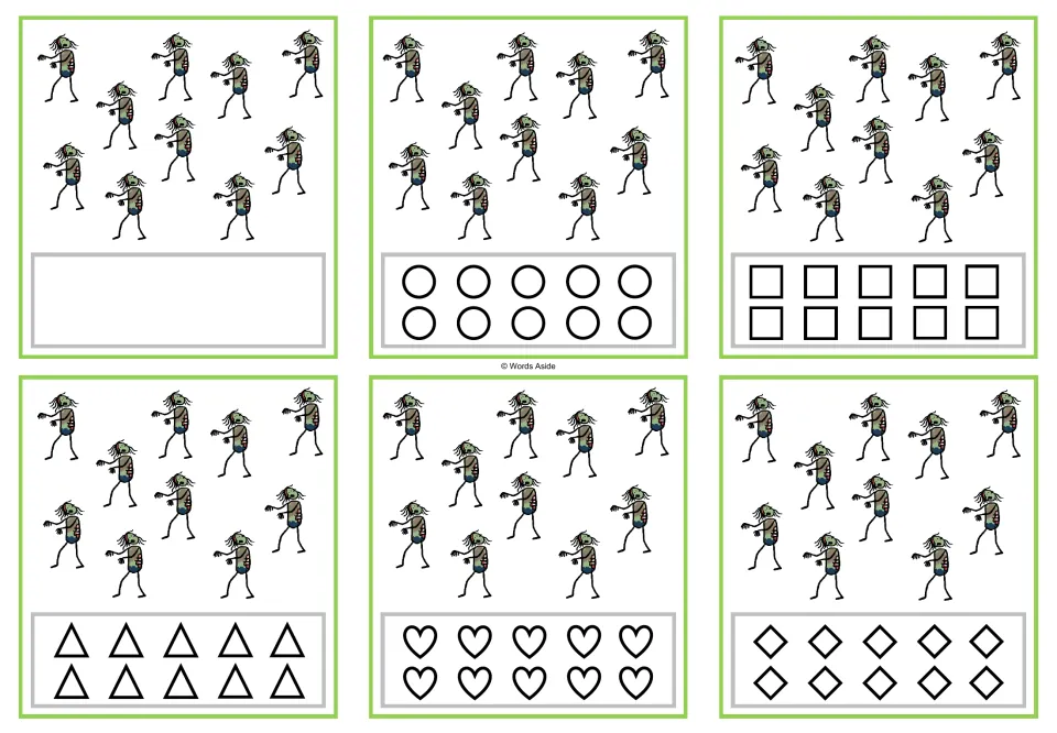 Six counting cards for 10 zombies, with a blank response area or circles, squares, triangles, hearts, or rhombuses.