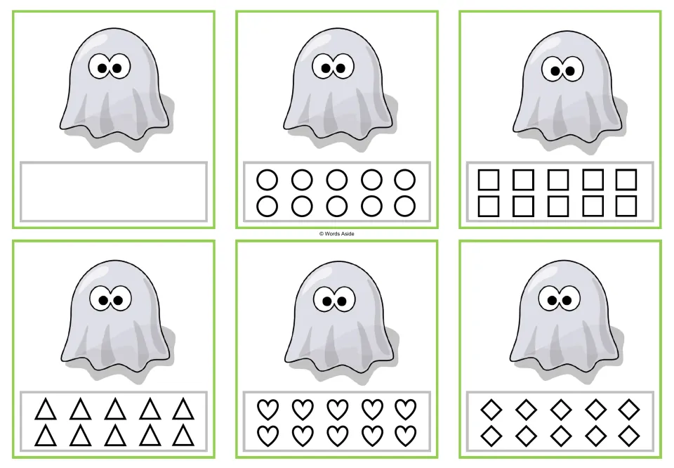 Counting task cards for 1 ghost: six versions, one blank and five with 10 shapes to color to match the count.