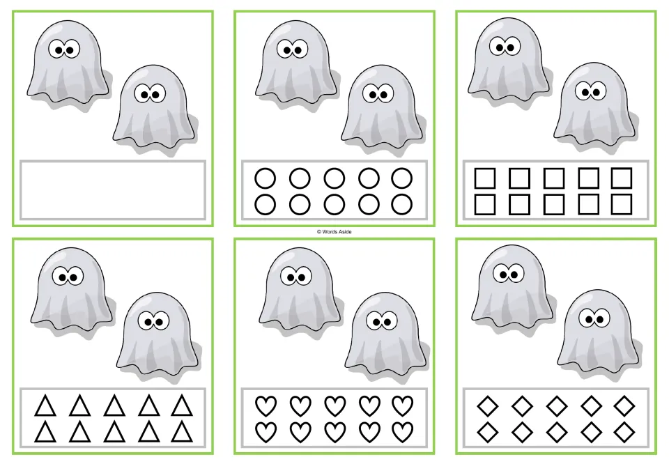Counting task cards for 2 ghosts: six versions, one blank and five with 10 shapes to color to match the count.