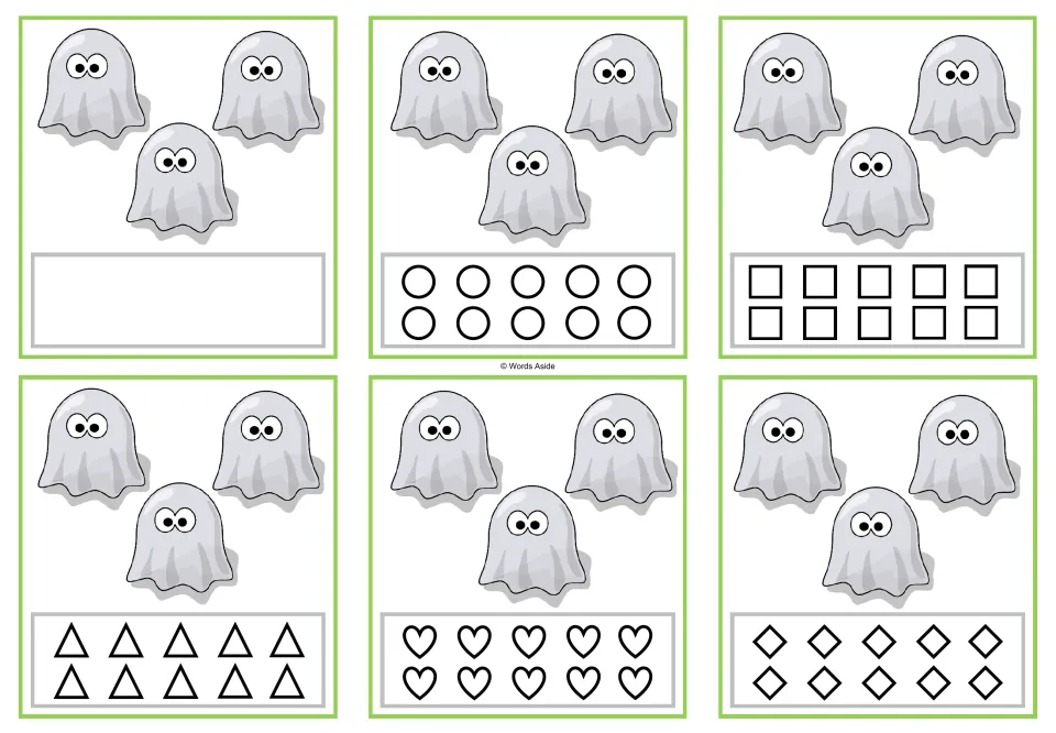 Counting task cards for 3 ghosts: six versions, one blank and five with 10 shapes to color to match the count.