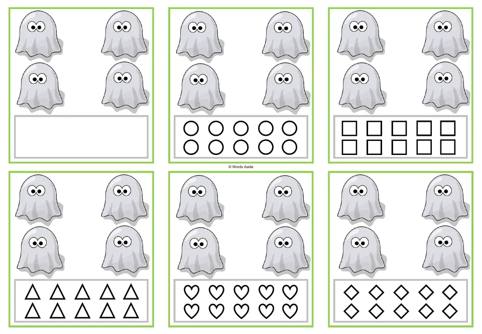 Counting task cards for 4 ghosts: six versions, one blank and five with 10 shapes to color to match the count.