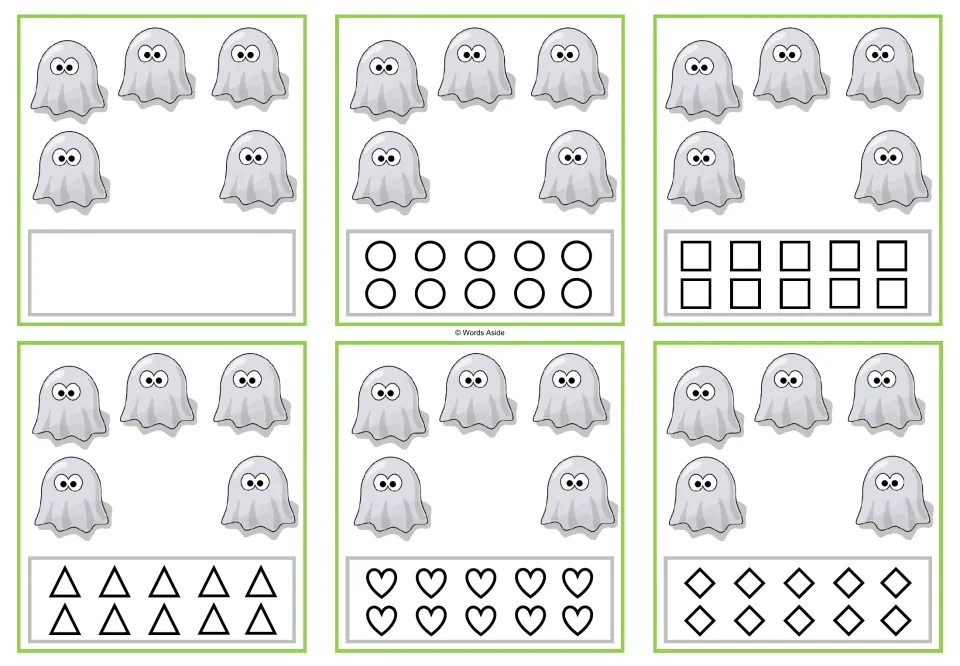 Counting task cards for 5 ghosts: six versions, one blank and five with 10 shapes to color to match the count.