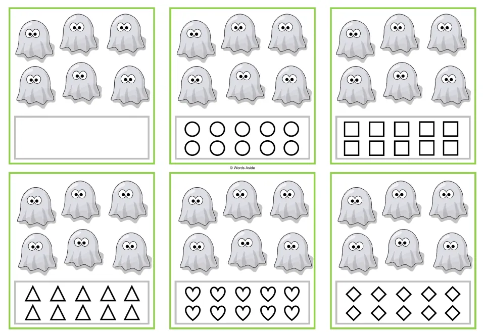 Counting task cards for 6 ghosts: six versions, one blank and five with 10 shapes to color to match the count.