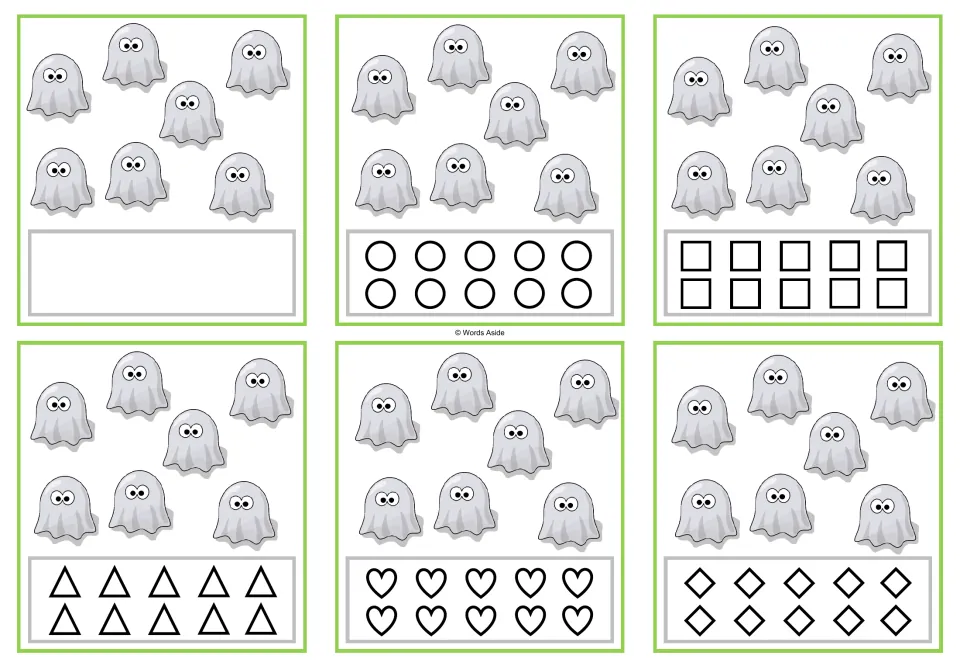Counting task cards for 7 ghosts: six versions, one blank and five with 10 shapes to color to match the count.