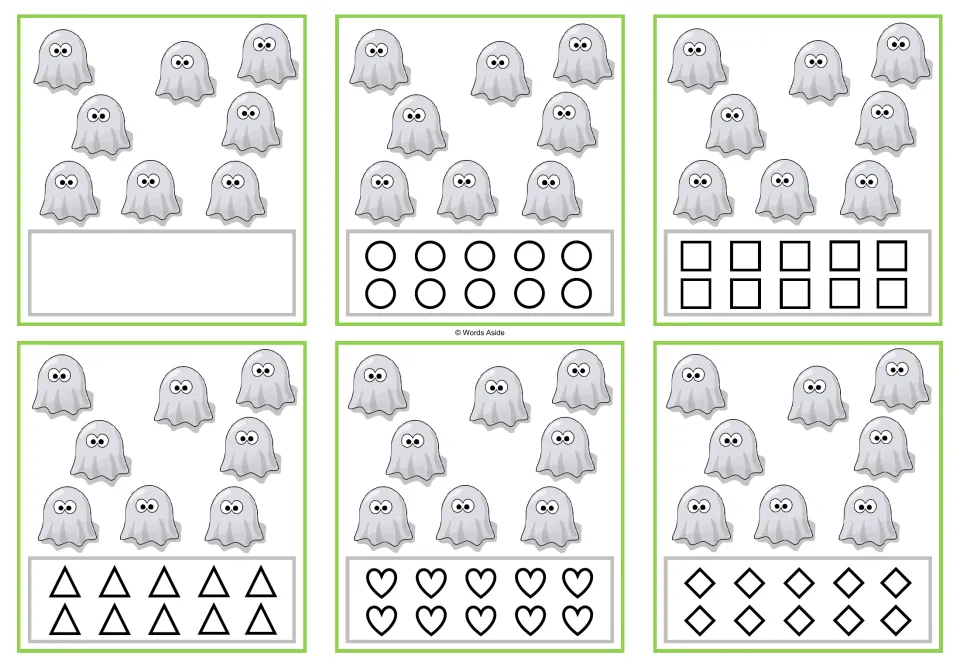 Counting task cards for 8 ghosts: six versions, one blank and five with 10 shapes to color to match the count.