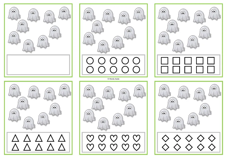 Counting task cards for 9 ghosts: six versions, one blank and five with 10 shapes to color to match the count.