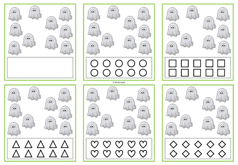 Counting task cards for 10 ghosts: six versions, one blank and five with 10 shapes to color to match the count.