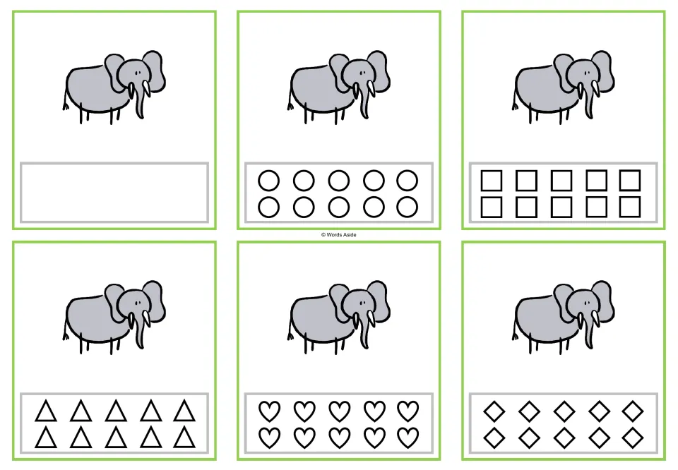 Counting task cards for 1 elephant: six versions, one blank and five with 10 shapes each for coloring.