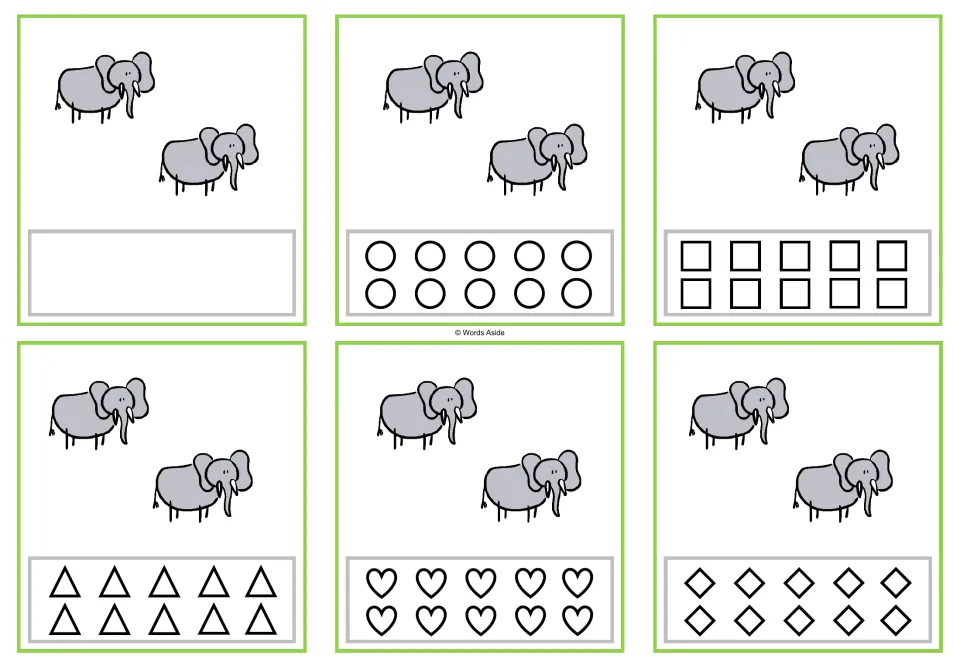 Counting task cards for 2 elephants: six versions, one blank and five with 10 shapes each for coloring.