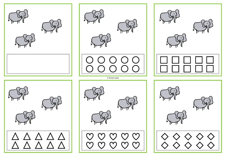 Counting task cards for 3 elephants: six versions, one blank and five with 10 shapes each for coloring.