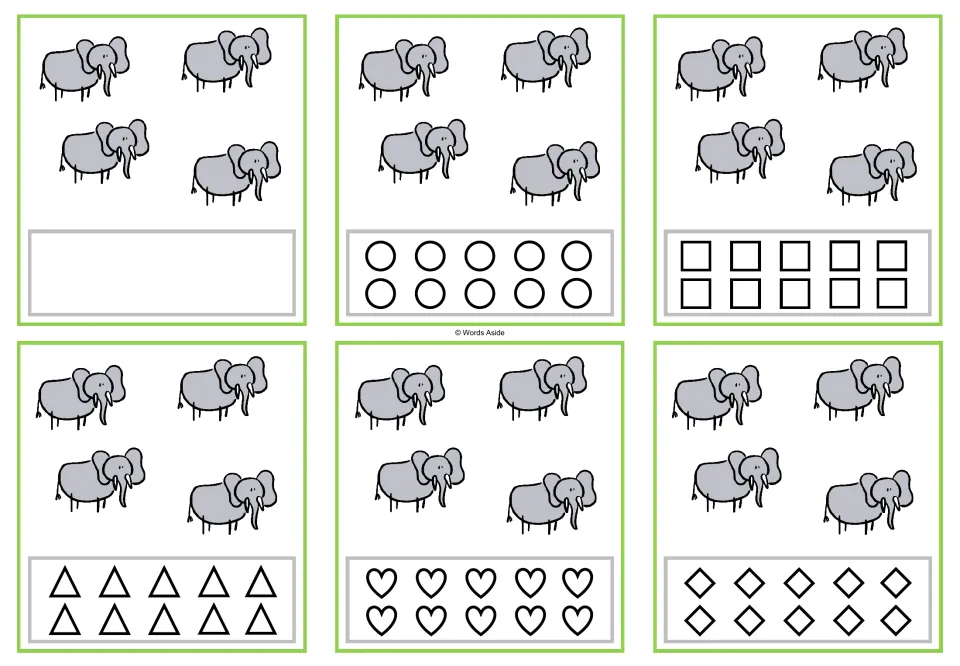 Counting task cards for 4 elephants: six versions, one blank and five with 10 shapes each for coloring.