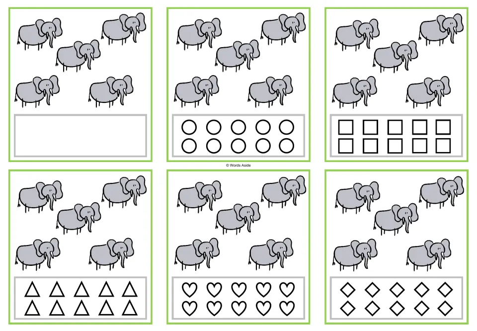 Counting task cards for 5 elephants: six versions, one blank and five with 10 shapes each for coloring.