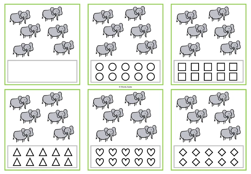 Counting task cards for 6 elephants: six versions, one blank and five with 10 shapes each for coloring.